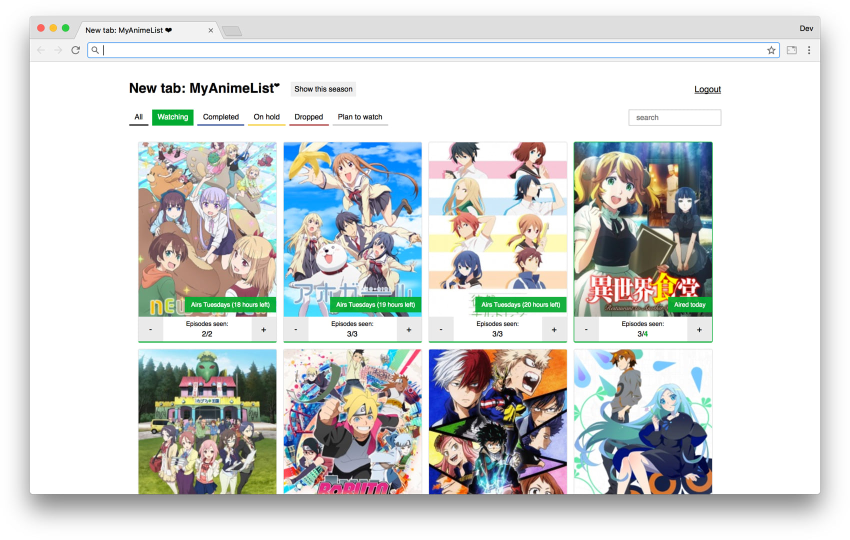 Image of New Tab: MyAnimeList Chrome extension displaying the users anime list
