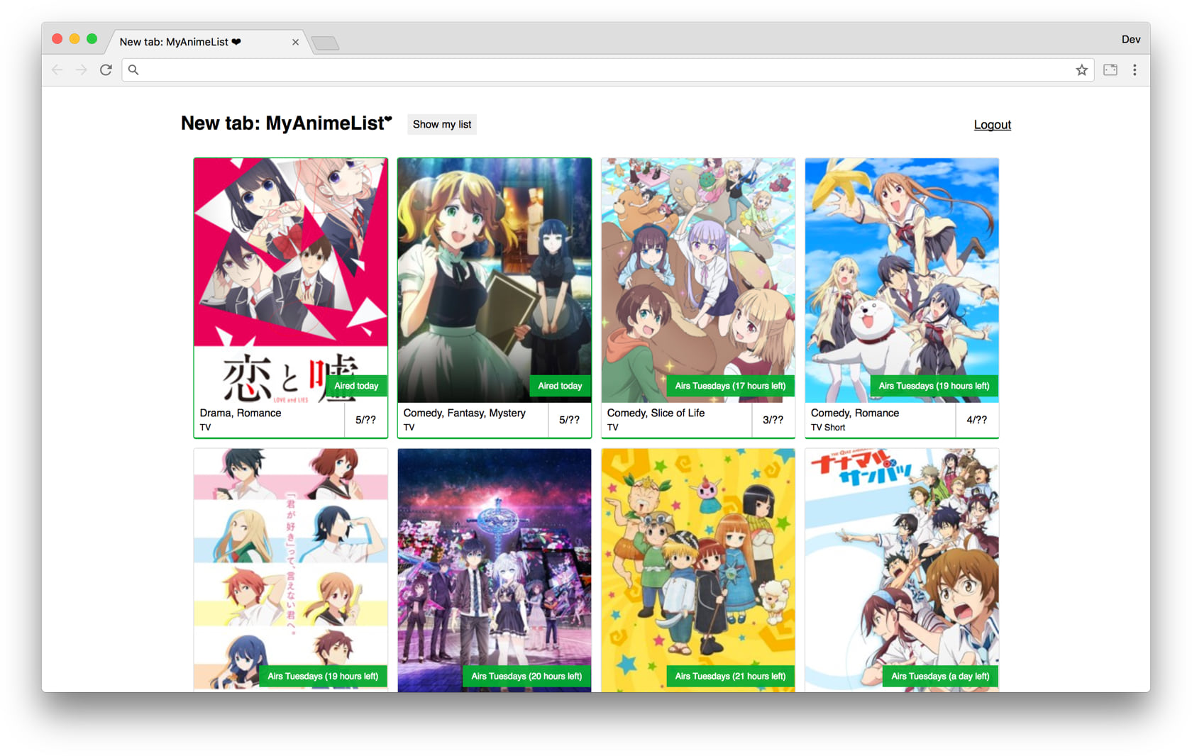 Image of New Tab: MyAnimeList Chrome extension displaying the users anime list
